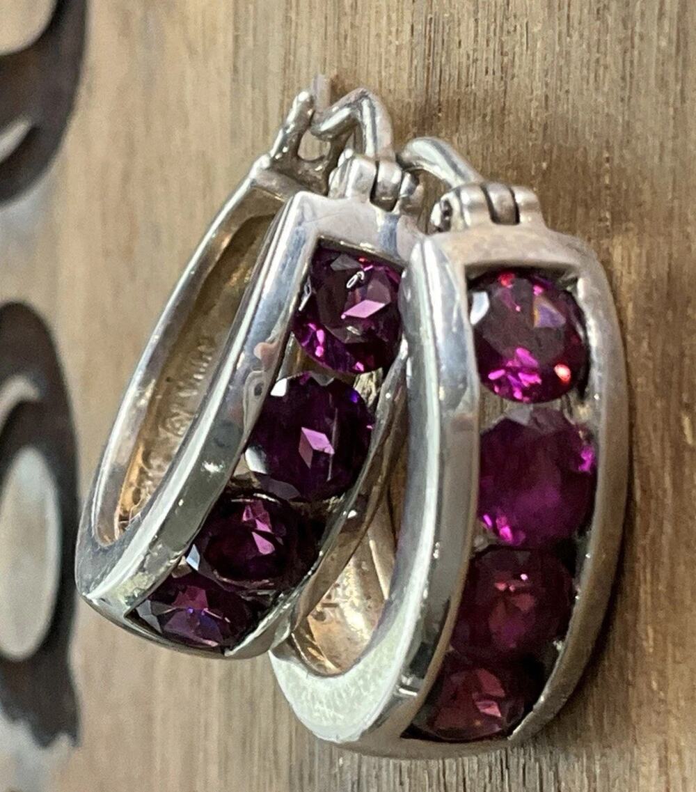 Vintage Sterling Silver Amethyst Purple gemstone Hoop Huggie Earrings